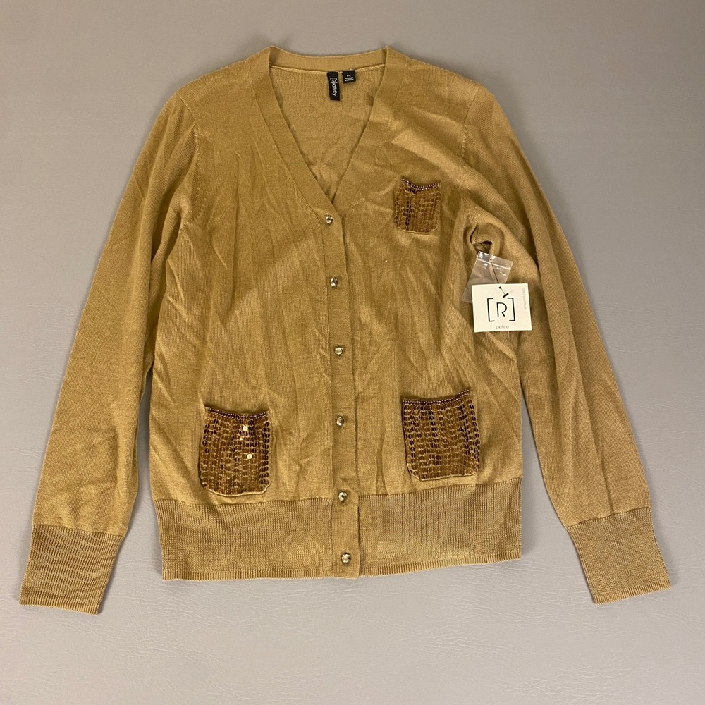 Relativity Cardigan Warm Carame Sequin Pockets Petite Size PL Beige Y2K‎ New NWT